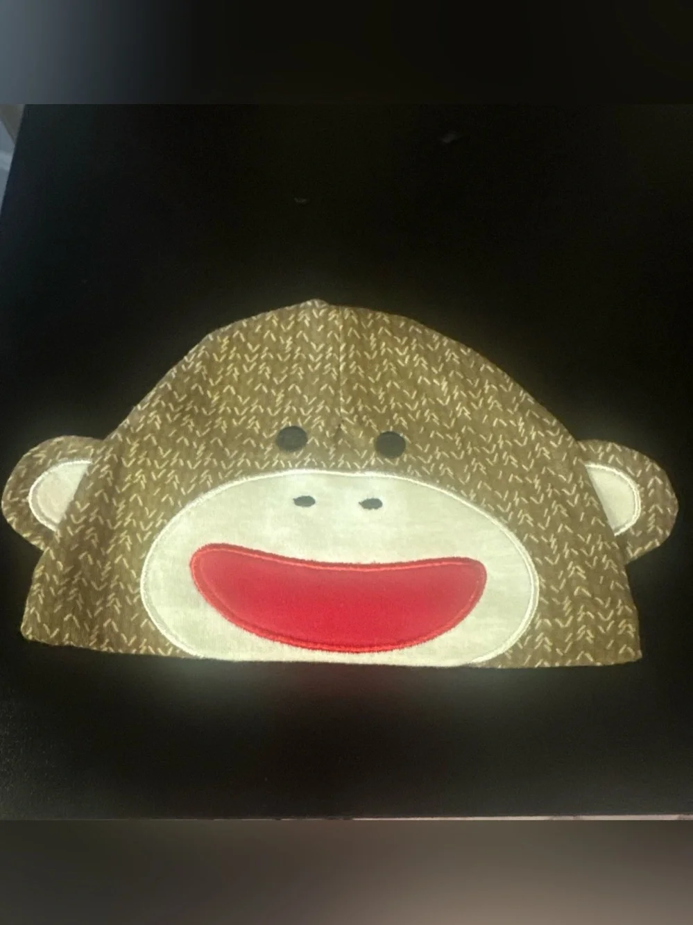 Kids Brown Sock Monkey Beanie Hat with Red Mouth fits 6-9 months